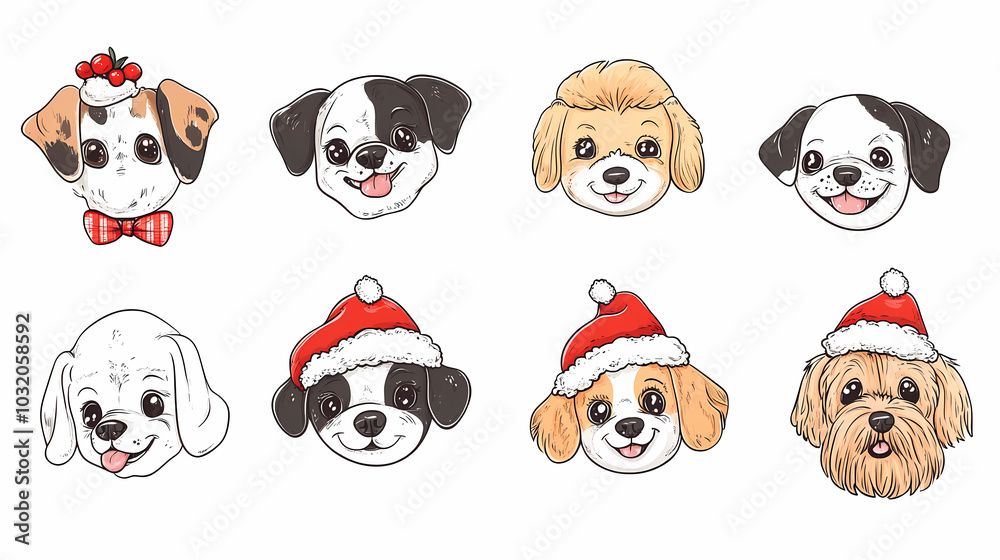 Vector set of cute and smiling dog doodles. Dog faces with flat colors, bows, christmas hats, scarfs, dalmatian, pug, poodle, and beagle on white background. Sticker, comic, and print design. Vector set of cute and smiling dog doodles. Dog faces with flat colors, bows, christmas hats, scarfs, dalmatian, pug, poodle, and beagle on white background. Sticker, comic, and print design.