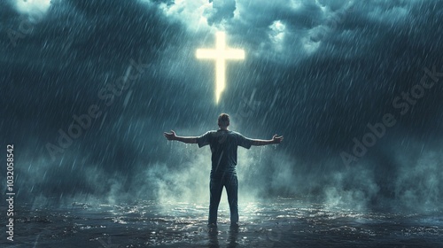 Silhouette of a man standing in the rain with a glowing cross in sky.