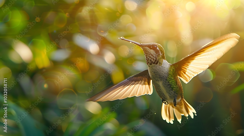 Fototapeta premium Hummingbird in mid-flight, it's wings frozen in a blur of motion.