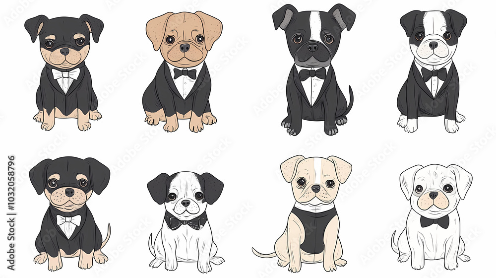 Vector set of cute and smiling dog doodles. Dog faces with flat colors, bows, christmas hats, scarfs, dalmatian, pug, poodle, and beagle on white background. Sticker, comic, and print design. Vector set of cute and smiling dog doodles. Dog faces with flat colors, bows, christmas hats, scarfs, dalmatian, pug, poodle, and beagle on white background. Sticker, comic, and print design.