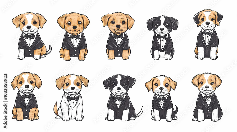 Vector set of cute and smiling dog doodles. Dog faces with flat colors, bows, christmas hats, scarfs, dalmatian, pug, poodle, and beagle on white background. Sticker, comic, and print design. Vector set of cute and smiling dog doodles. Dog faces with flat colors, bows, christmas hats, scarfs, dalmatian, pug, poodle, and beagle on white background. Sticker, comic, and print design.