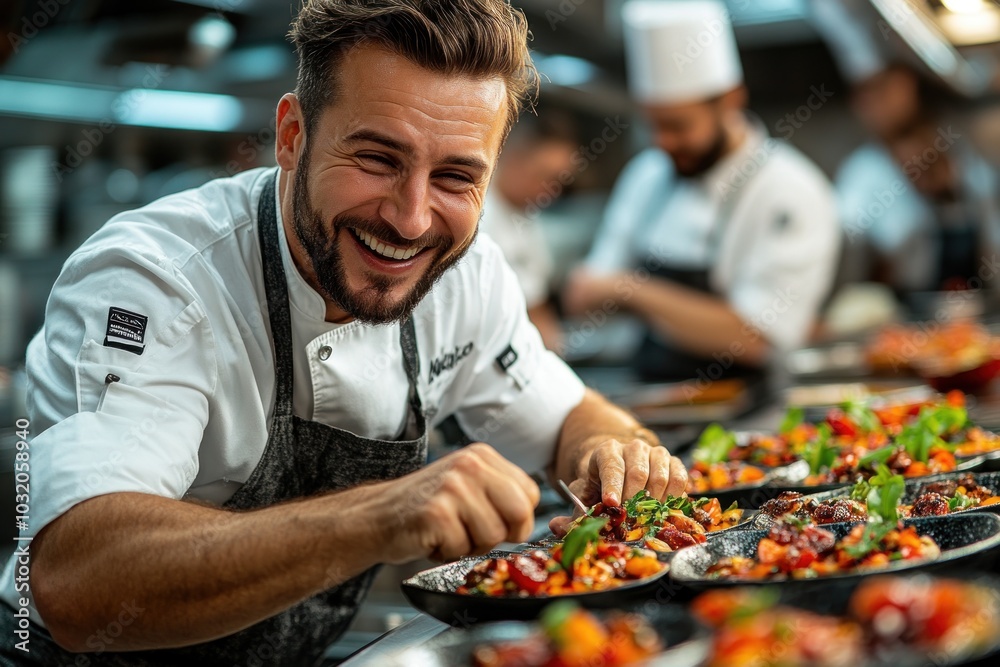 A happy chef plating food in a busy kitchen, smiling at the camera. A happy chef plating food in a busy kitchen, smiling at the camera.