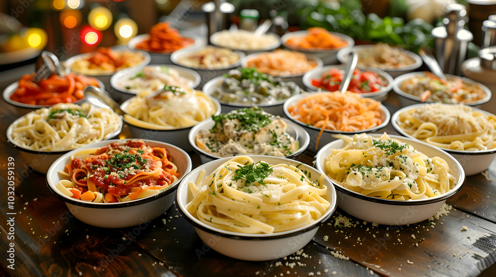 A platter of assorted fettuccine Alfredo dishes with various toppings A platter of assorted fettuccine Alfredo dishes with various toppings