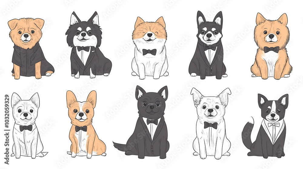 Obraz premium Vector set of cute and smiling dog doodles. Dog faces with flat colors, bows, christmas hats, scarfs, dalmatian, pug, poodle, and beagle on white background. Sticker, comic, and print design.