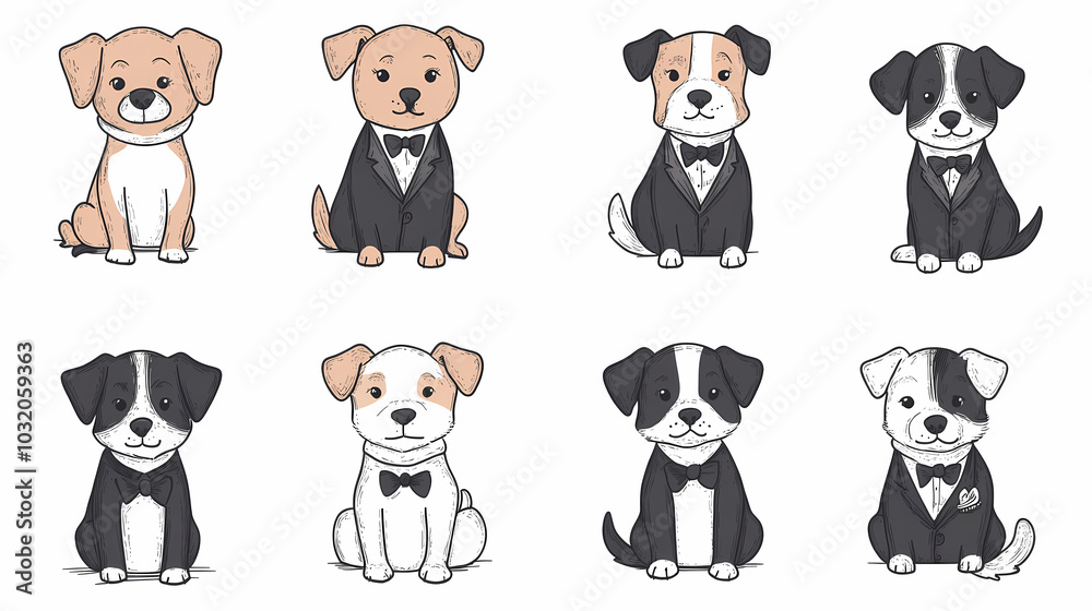 Vector set of cute and smiling dog doodles. Dog faces with flat colors, bows, christmas hats, scarfs, dalmatian, pug, poodle, and beagle on white background. Sticker, comic, and print design. Vector set of cute and smiling dog doodles. Dog faces with flat colors, bows, christmas hats, scarfs, dalmatian, pug, poodle, and beagle on white background. Sticker, comic, and print design.