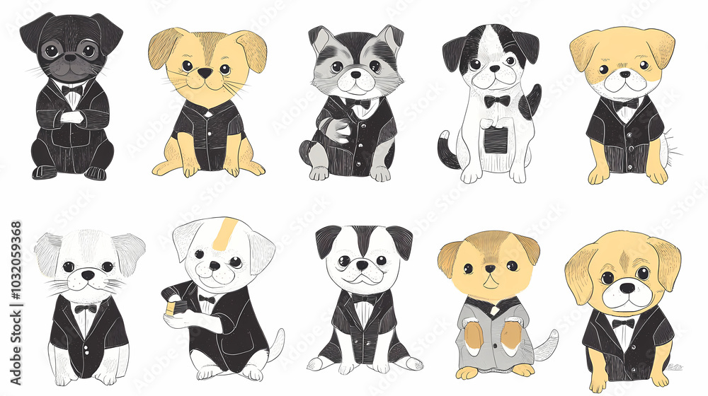 Vector set of cute and smiling dog doodles. Dog faces with flat colors, bows, christmas hats, scarfs, dalmatian, pug, poodle, and beagle on white background. Sticker, comic, and print design. Vector set of cute and smiling dog doodles. Dog faces with flat colors, bows, christmas hats, scarfs, dalmatian, pug, poodle, and beagle on white background. Sticker, comic, and print design.