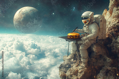 Spaceman grilling a cheeseburger