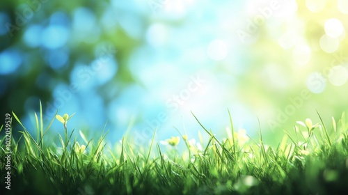 World Environment Day concept with green grass and blue sky, bokeh effects representing environmental consciousness. Nature