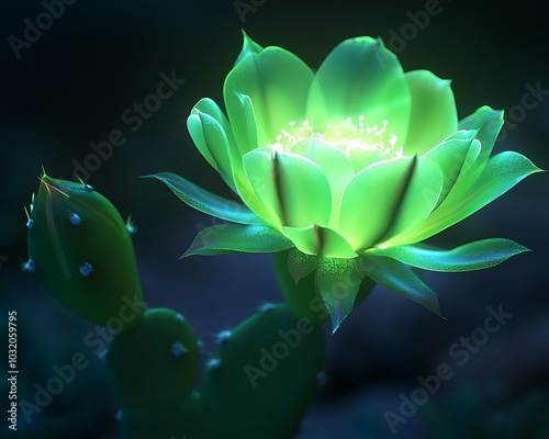 A luminous neon green cactus flower blooming in the night