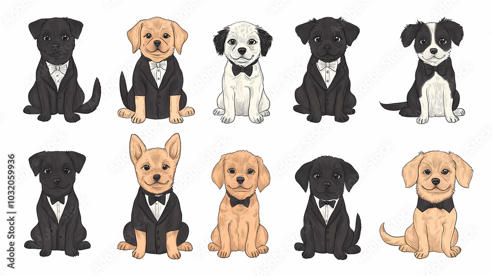 Vector set of cute and smiling dog doodles. Dog faces with flat colors, bows, christmas hats, scarfs, dalmatian, pug, poodle, and beagle on white background. Sticker, comic, and print design. Vector set of cute and smiling dog doodles. Dog faces with flat colors, bows, christmas hats, scarfs, dalmatian, pug, poodle, and beagle on white background. Sticker, comic, and print design.