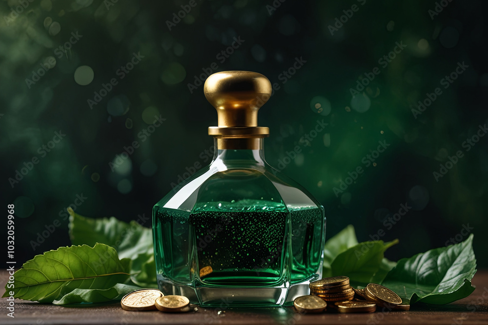 A Magical Potion Encircled by Lush Green Leaves and Gold Coins