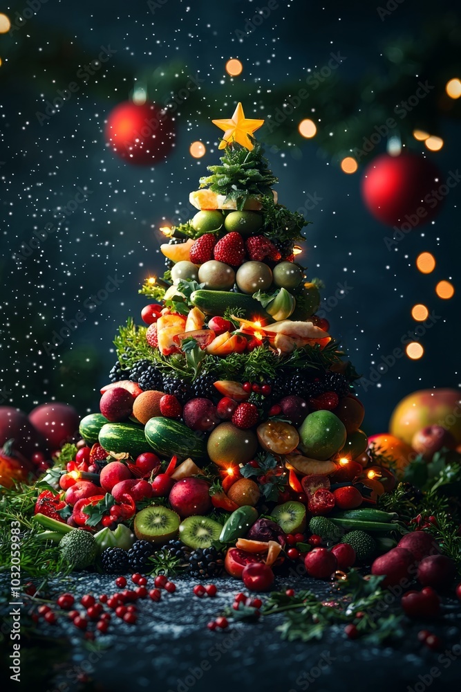 A vibrant fruit and vegetable Christmas tree adorned with decorations against a dark background during a festive celebration
