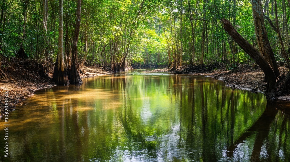A peaceful Thai river winding through a dense forest, with detailed water reflections. A peaceful Thai river winding through a dense forest, with detailed water reflections.