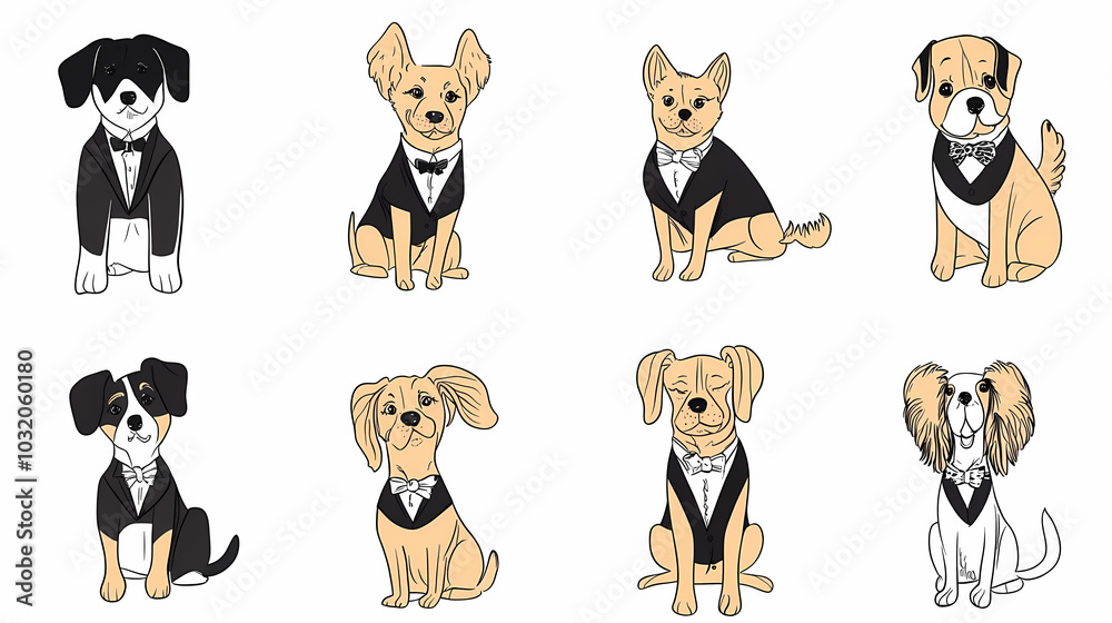 Vector set of cute and smiling dog doodles. Dog faces with flat colors, bows, christmas hats, scarfs, dalmatian, pug, poodle, and beagle on white background. Sticker, comic, and print design. Vector set of cute and smiling dog doodles. Dog faces with flat colors, bows, christmas hats, scarfs, dalmatian, pug, poodle, and beagle on white background. Sticker, comic, and print design.