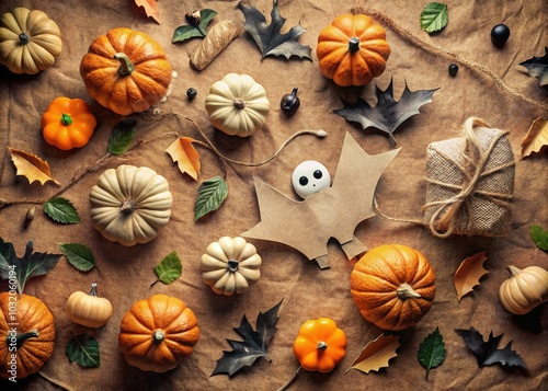 Eco-friendly Halloween Flatlay with Cardboard Pumpkins and Recycled Decor for Sustainable Celebrations