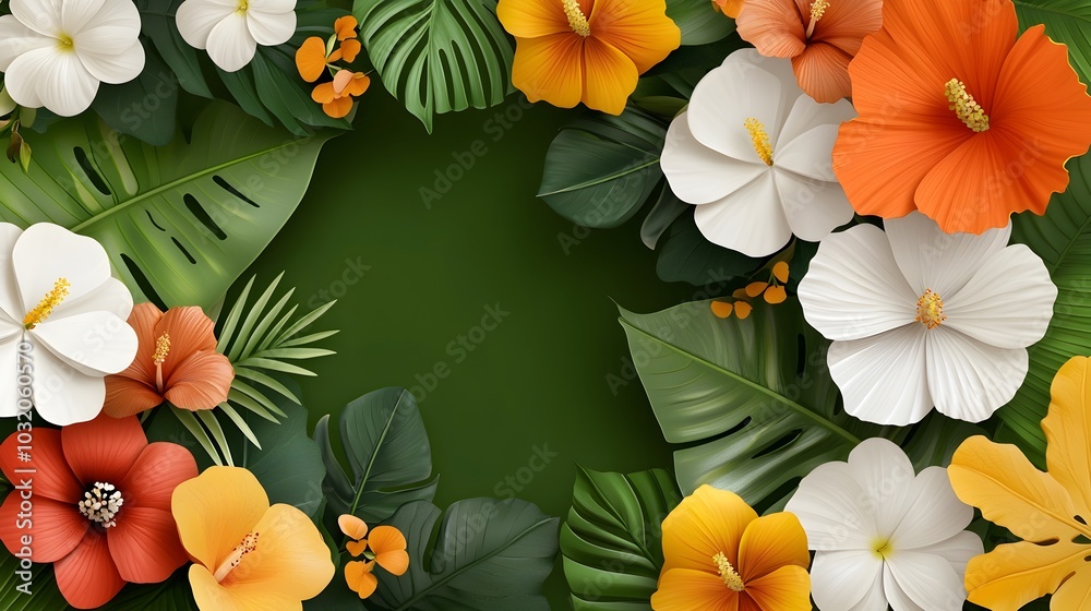 Fototapeta premium Lush and Vibrant Tropical Floral Pattern Background With Lush Green Leaves and Bright Colorful Flowers Ideal for Tropical Style Decor Fabric Wallpaper or Art Design