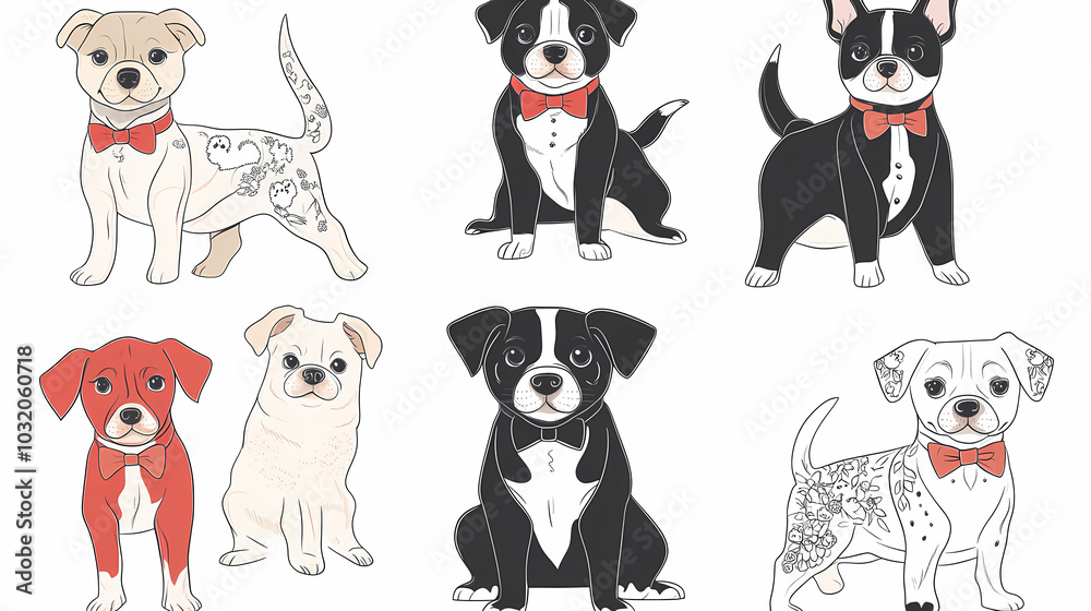 Naklejka premium Vector set of cute and smiling dog doodles. Dog faces with flat colors, bows, christmas hats, scarfs, dalmatian, pug, poodle, and beagle on white background. Sticker, comic, and print design.