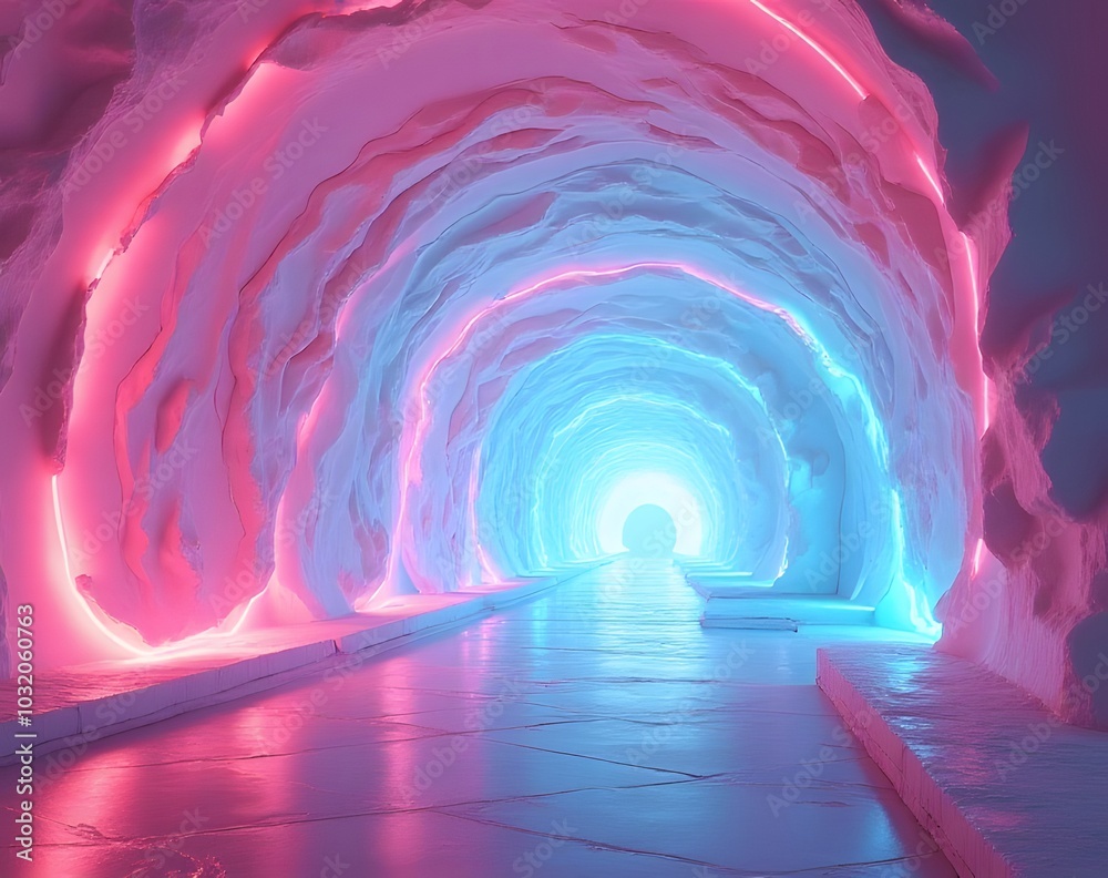 Futuristic tunnel has a unique abstract design with prominent pink and blue colors. Futuristic tunnel has a unique abstract design with prominent pink and blue colors.