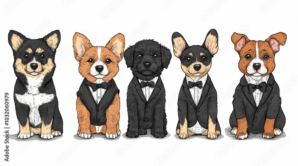 Vector set of cute and smiling dog doodles. Dog faces with flat colors, bows, christmas hats, scarfs, dalmatian, pug, poodle, and beagle on white background. Sticker, comic, and print design. Vector set of cute and smiling dog doodles. Dog faces with flat colors, bows, christmas hats, scarfs, dalmatian, pug, poodle, and beagle on white background. Sticker, comic, and print design.