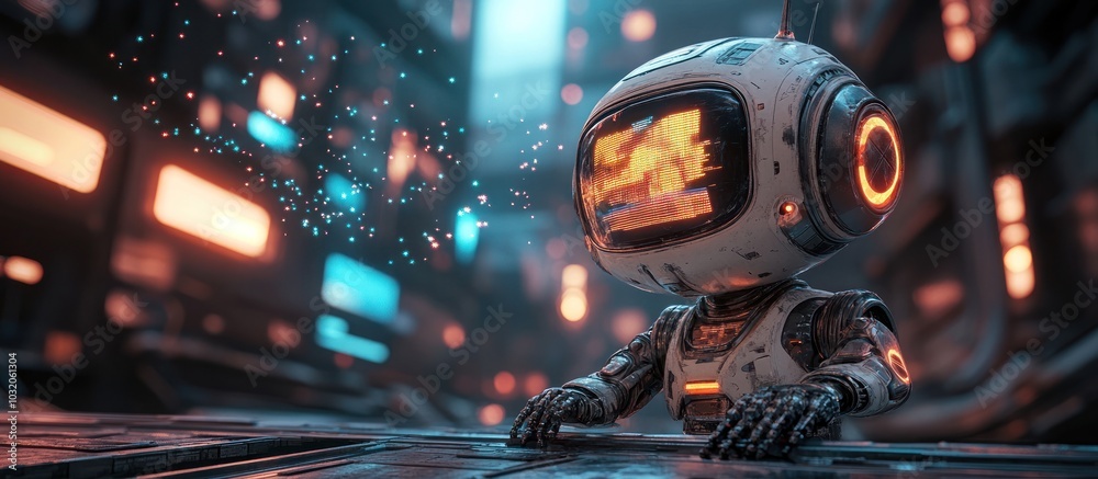 A futuristic robot with a television for a head sits in a dimly lit city. A futuristic robot with a television for a head sits in a dimly lit city.
