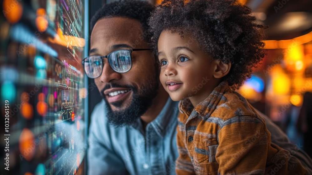 Obraz premium A father and son look at the illuminated display of a city window with wonder and curiosity.