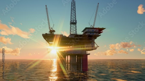 Offshore oil rig drilling platform at sunset. An offshore oil rig silhouetted against a vibrant sunset over the ocean, showcasing the industrial scene and natural beauty.