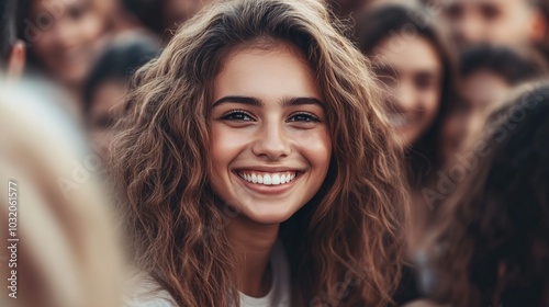 Portrait of a smiling young woman standing in a crowd and looking at camera.