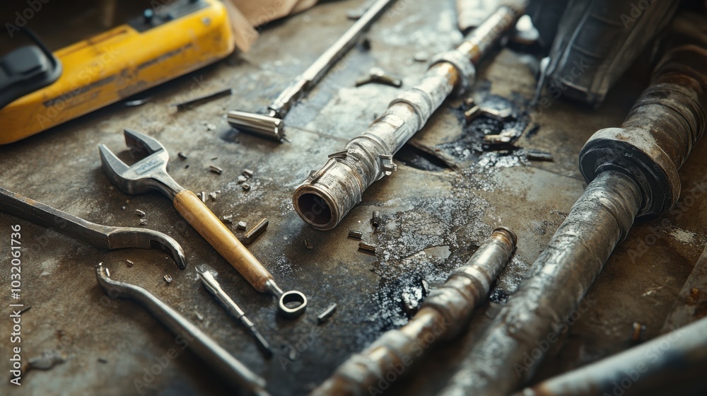 A pipe repair scene with broken and fixed pipes, showcasing the tools and materials used. A pipe repair scene with broken and fixed pipes, showcasing the tools and materials used.