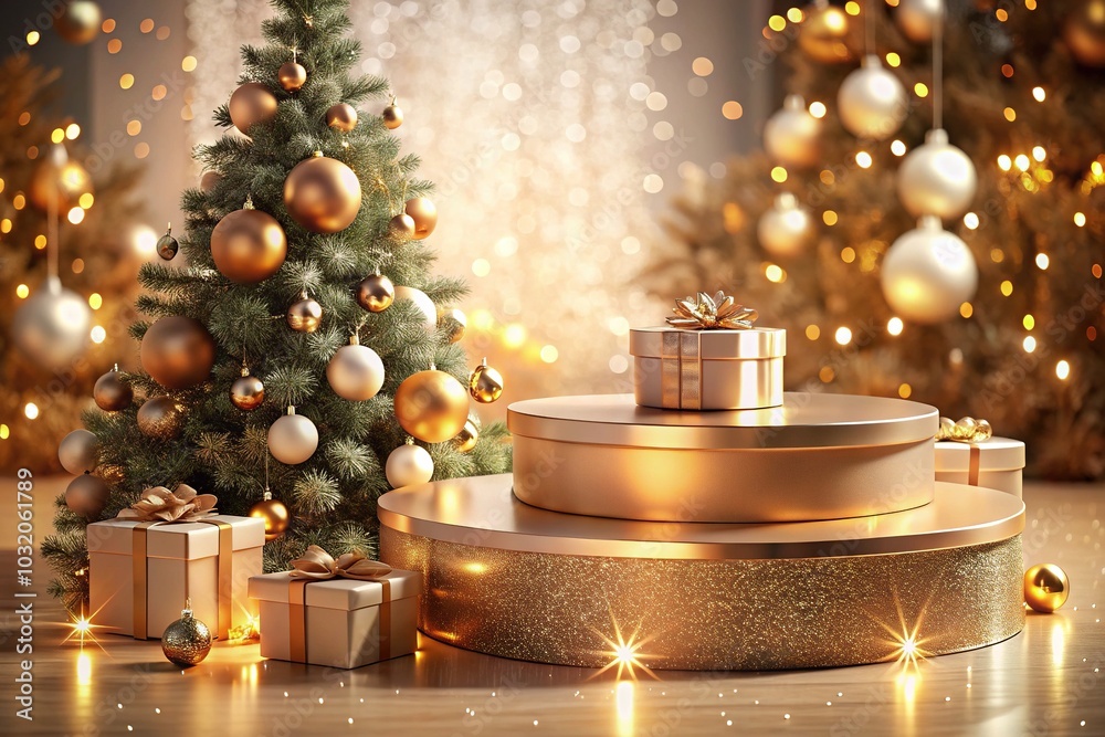Elegant Rose Gold Round Podium with Christmas Tree and Gifts in Glittering Light - Perfect for Holiday Product Display and Presentation Mockups Elegant Rose Gold Round Podium with Christmas Tree and Gifts in Glittering Light - Perfect for Holiday Product Display and Presentation Mockups