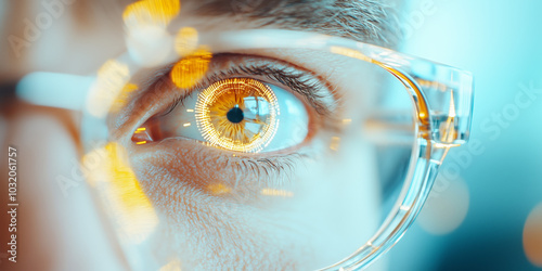 Macro close-up of a human eye reflecting digital light, symbolizing technology, innovation, and cyber vision, banner for artificial intelligence, augmented reality, and futuristic tech photo