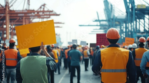 Protest scene at a bustling port. Featuring workers with colorful signs advocating for their rights. Highlighting the urgency of labor rights in shipping. Ideal for journalistic content photo