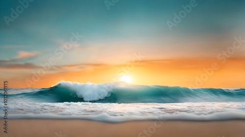 Mesmerizing ocean waves gently rolling against a soft glowing sunset backdrop  Peaceful and tranquil seascape with a serene calming atmosphere
