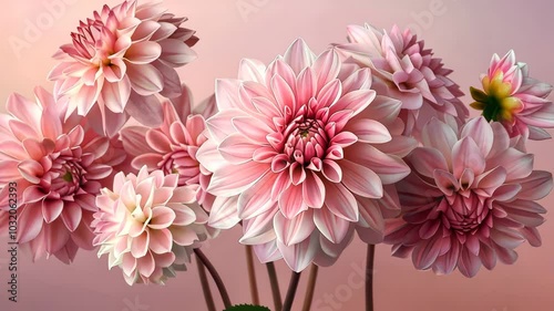 Pink dahlias in bloom with gradient background, floral beauty concept.