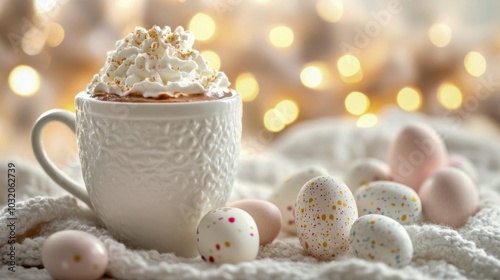 Cozy easter scene with hot chocolate and speckled eggs on fluffy blanket