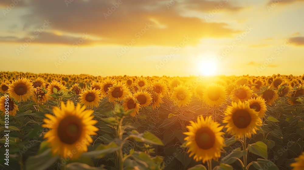 Obraz premium A field of sunflowers at sunset.