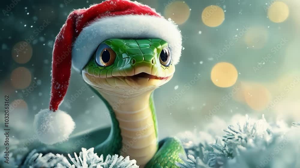 Cute green snake wearing a santa hat is talks and making funny faces in front of a christmas tree with falling snow and bokeh lights in the background. 