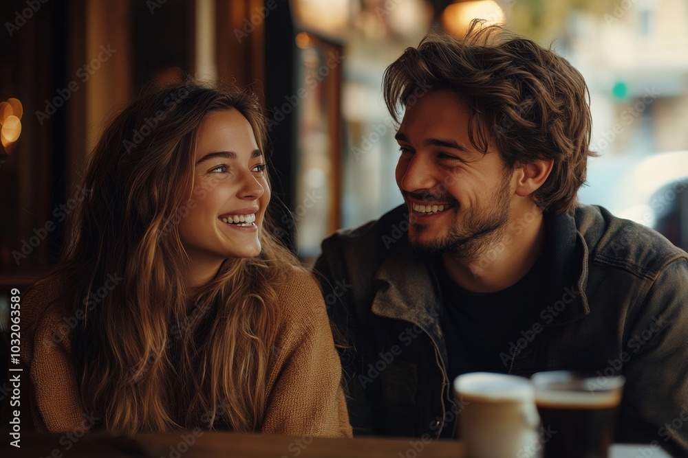 Happy european man and woman communication and laughing, sitting in cafe and drinking coffee, free space. First date concept, Generative AI Happy european man and woman communication and laughing, sitting in cafe and drinking coffee, free space. First date concept, Generative AI