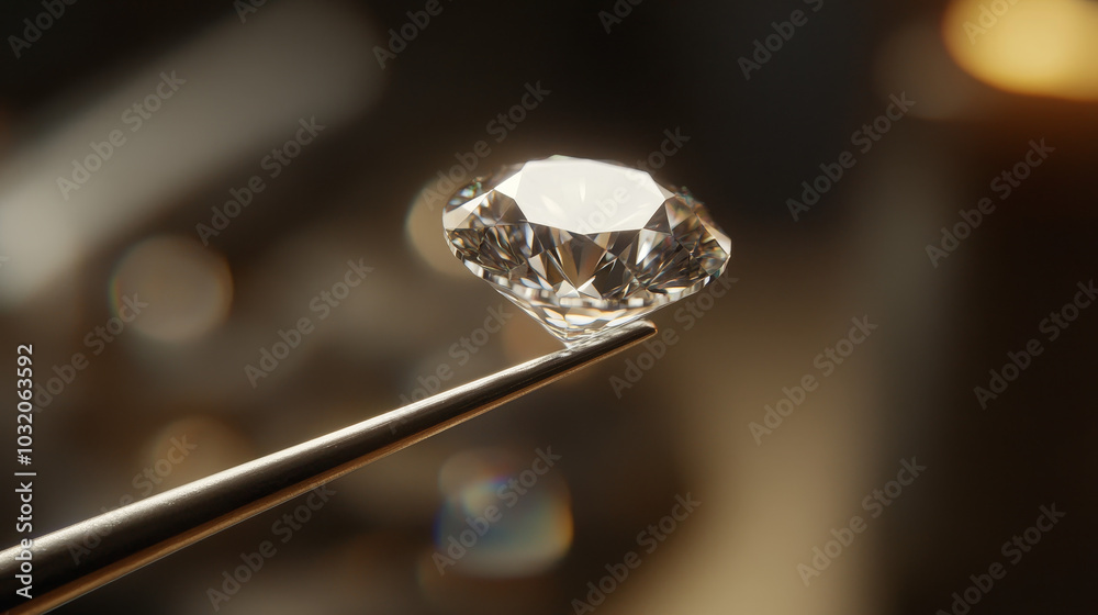 A close-up view of a brilliant-cut diamond being delicately held by tweezers, emphasizing its exceptional clarity and brilliant sparkle A close-up view of a brilliant-cut diamond being delicately held by tweezers, emphasizing its exceptional clarity and brilliant sparkle