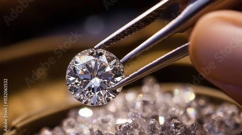 A close-up view of a brilliant-cut diamond being delicately held by tweezers, emphasizing its exceptional clarity and brilliant sparkle photo