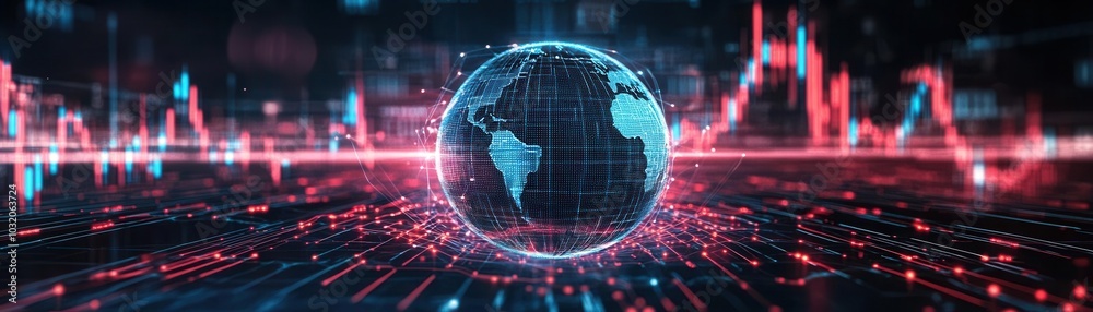 Digital lines forming an abstract globe, surrounded by fluctuating stock graphs