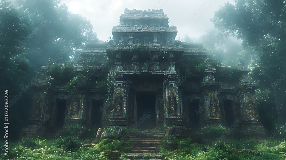 An ancient stone temple, overgrown with vegetation, stands shrouded in mist amidst a lush jungle. An ancient stone temple, overgrown with vegetation, stands shrouded in mist amidst a lush jungle.