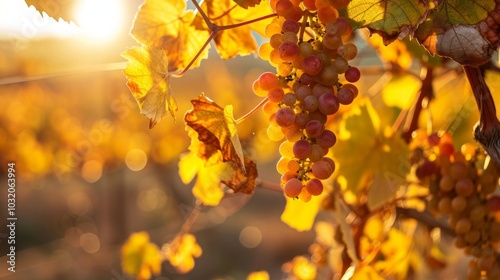 Crimson Splendor: Captivating Autumn Grapes Resplendent in Red Leaves, Adorned by a Sunset-Drenched