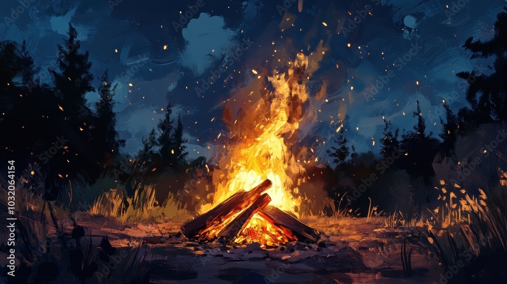 Fototapeta premium A roaring campfire with detailed flames licking the wood, sparks flying into the night sky.