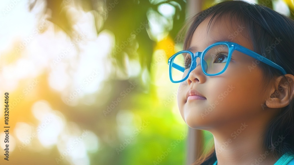 Young child wearing blue glasses focusing on distant tree outside window, symbolizing myopia prevention and importance of outdoor activities. Young child wearing blue glasses focusing on distant tree outside window, symbolizing myopia prevention and importance of outdoor activities.