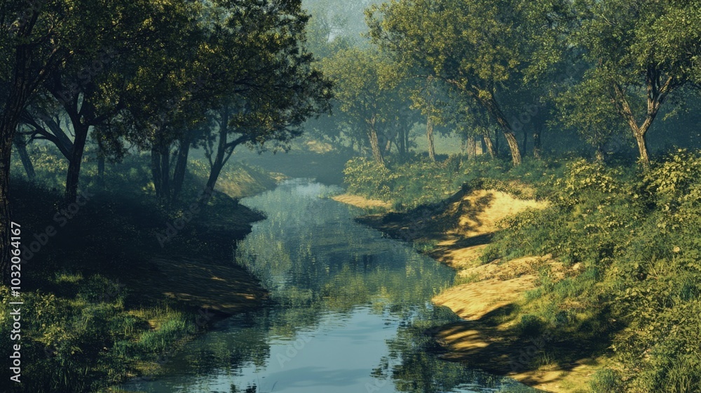 A river winding through a dense Indian forest, with detailed reflections of trees on the water. A river winding through a dense Indian forest, with detailed reflections of trees on the water.