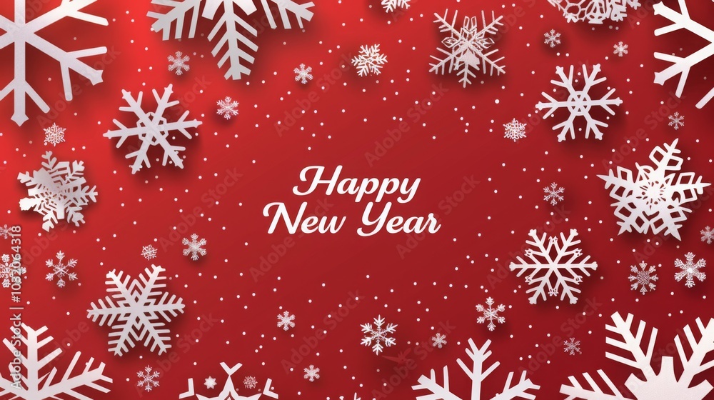 Vector New Year Seamless Border with White Snowflakes on Red Background, Merry Christmas Text in Flat Design Illustration. Vector New Year Seamless Border with White Snowflakes on Red Background, Merry Christmas Text in Flat Design Illustration.