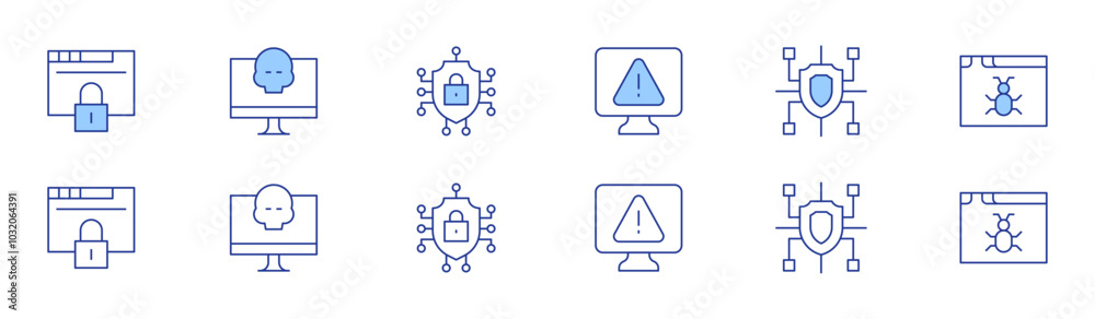 Cyber security icon set in two styles, Duotone and Thin Line style. Editable stroke. access, alert, computer, cyber, cyber crime, cyber security Cyber security icon set in two styles, Duotone and Thin Line style. Editable stroke. access, alert, computer, cyber, cyber crime, cyber security