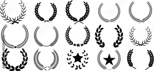 Floral laurel wreath Set of wreath, wheat element for winner, award, champion. Tree branch wreath