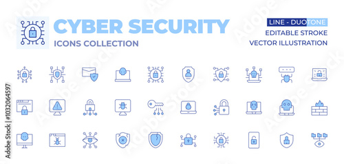 Cyber security icons collection. Line Duotone style, editable stroke. access, alert, computer, cyber, cyber crime, cyber security, cybersecurity threats, browser, cyber attack, broken shield, bug