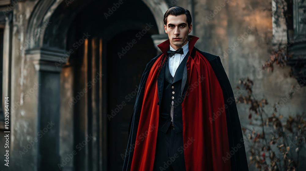 Naklejka premium A Dracula costume with a red cape and formal attire for Halloween.